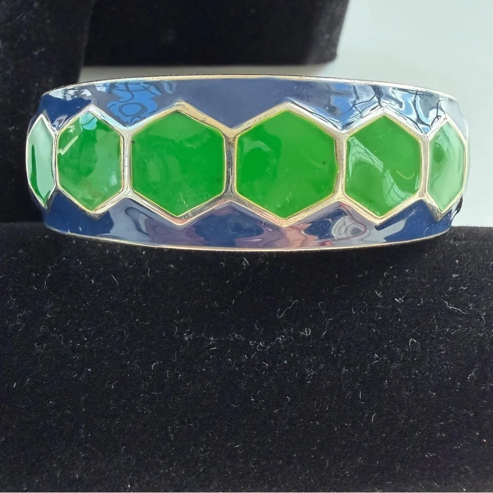Enamel Green and Blue Hexagon Bangle Bracelet Statement‎ Spring Hinge Seahawks